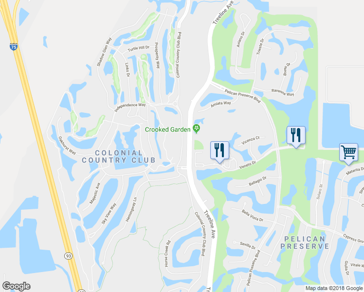 map of restaurants, bars, coffee shops, grocery stores, and more near Colonial Country Club Boulevard in Fort Myers