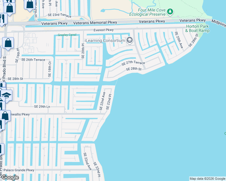 map of restaurants, bars, coffee shops, grocery stores, and more near 2225 Southeast 28th Terrace in Cape Coral
