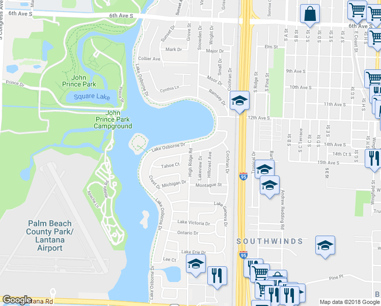 map of restaurants, bars, coffee shops, grocery stores, and more near High Ridge Road & Crest Drive in Lake Worth