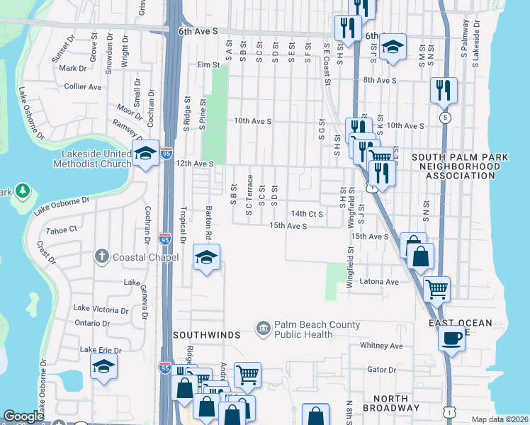 map of restaurants, bars, coffee shops, grocery stores, and more near 1416 South C Street in Lake Worth Beach