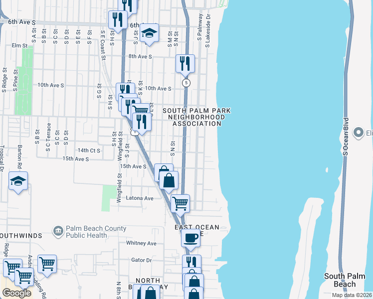 map of restaurants, bars, coffee shops, grocery stores, and more near 1311 South Palmway in Lake Worth