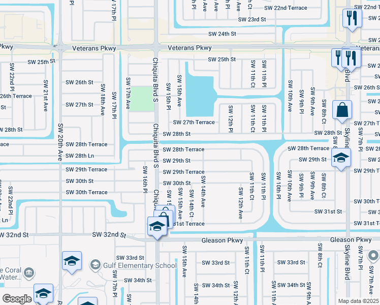 map of restaurants, bars, coffee shops, grocery stores, and more near 1416 Southwest 28th Terrace in Cape Coral