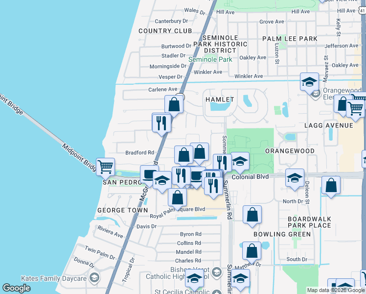 map of restaurants, bars, coffee shops, grocery stores, and more near 1436 Terra Palma Drive in Fort Myers