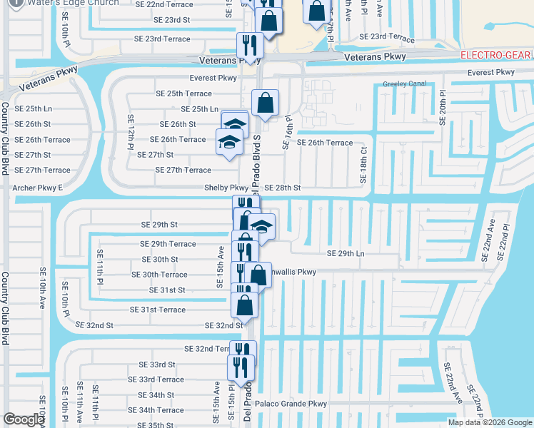 map of restaurants, bars, coffee shops, grocery stores, and more near 1613 Southeast 28th Terrace in Cape Coral
