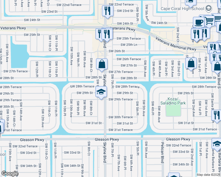 map of restaurants, bars, coffee shops, grocery stores, and more near 2818 Southwest 7th Place in Cape Coral