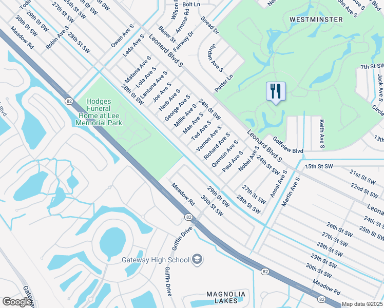map of restaurants, bars, coffee shops, grocery stores, and more near 4899 28th Street Southwest in Lehigh Acres