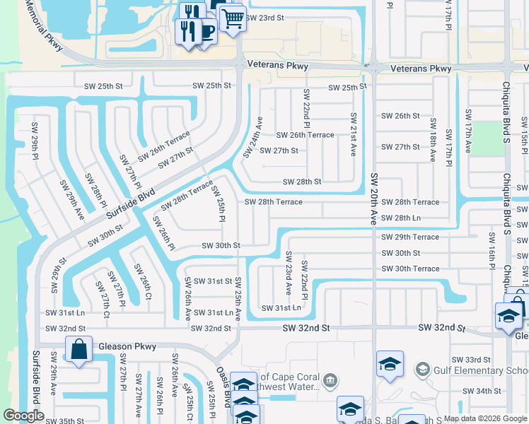 map of restaurants, bars, coffee shops, grocery stores, and more near 2828 Southwest 23rd Place in Cape Coral