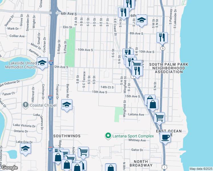 map of restaurants, bars, coffee shops, grocery stores, and more near 1202 14th Court South in Lake Worth