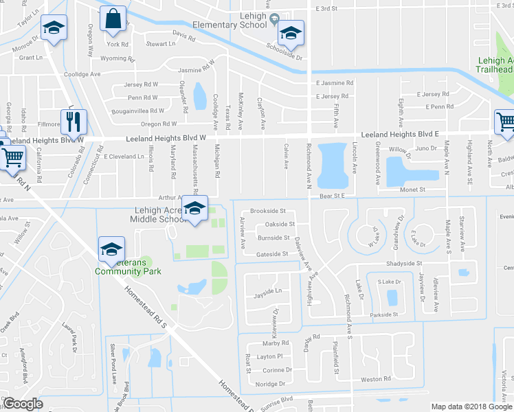 map of restaurants, bars, coffee shops, grocery stores, and more near 135 Brookside Street in Lehigh Acres