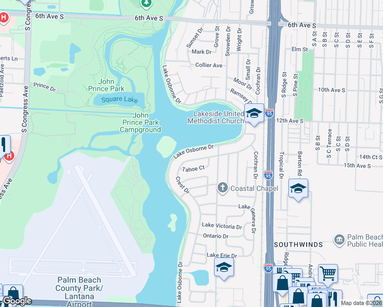 map of restaurants, bars, coffee shops, grocery stores, and more near 5160 Lake Osborne Drive in Lake Worth