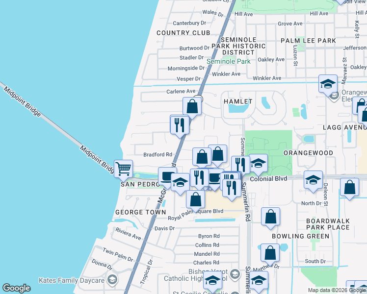 map of restaurants, bars, coffee shops, grocery stores, and more near 4610 McGregor Boulevard in Fort Myers