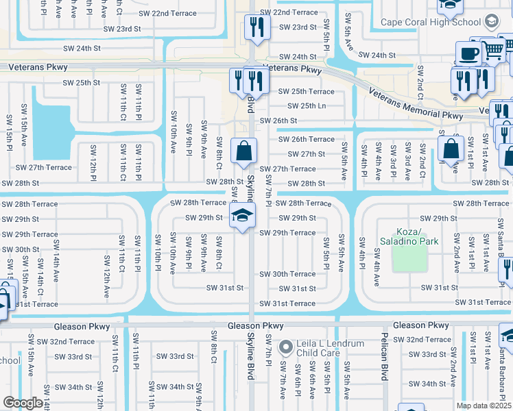 map of restaurants, bars, coffee shops, grocery stores, and more near 2818 Southwest 7th Place in Cape Coral