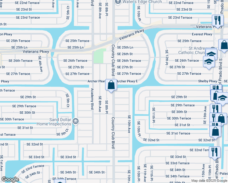 map of restaurants, bars, coffee shops, grocery stores, and more near 2823 Country Club Boulevard in Cape Coral