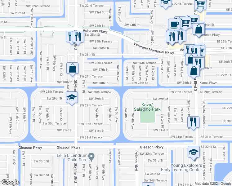 map of restaurants, bars, coffee shops, grocery stores, and more near 507 Southwest 28th Terrace in Cape Coral