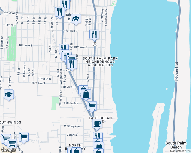 map of restaurants, bars, coffee shops, grocery stores, and more near 1311 South Palmway in Lake Worth