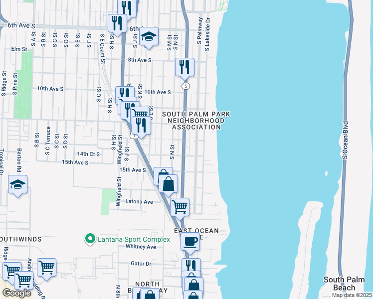 map of restaurants, bars, coffee shops, grocery stores, and more near 1311 South Palmway in Lake Worth