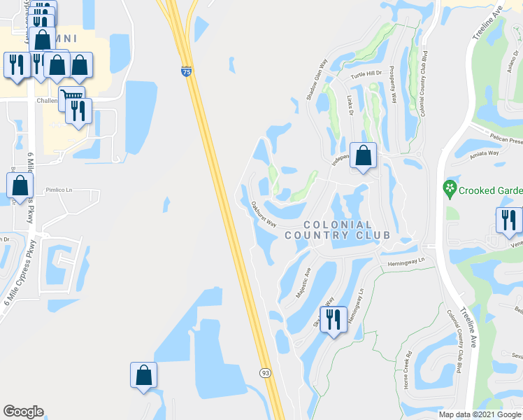 map of restaurants, bars, coffee shops, grocery stores, and more near 10047 Oakhurst Way in Fort Myers