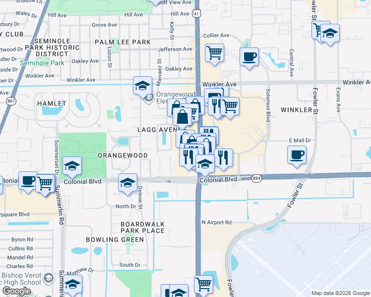 map of restaurants, bars, coffee shops, grocery stores, and more near 75-93 Mildred Drive in Fort Myers