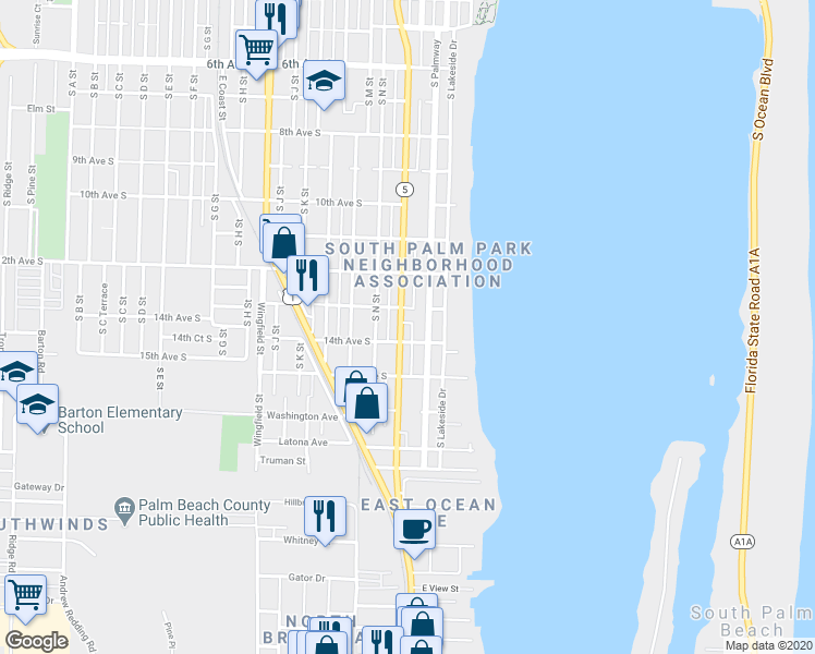 map of restaurants, bars, coffee shops, grocery stores, and more near 1311 South Palmway in Lake Worth