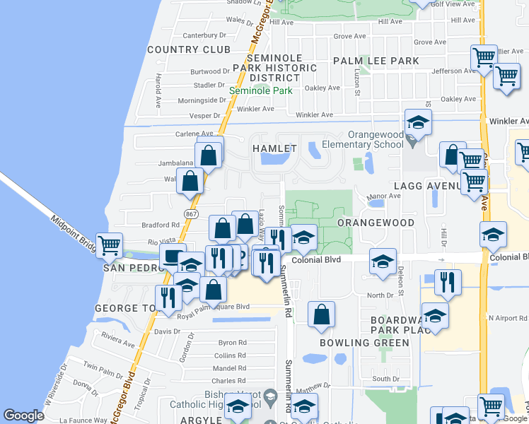 map of restaurants, bars, coffee shops, grocery stores, and more near 701 Lazio Way in Fort Myers