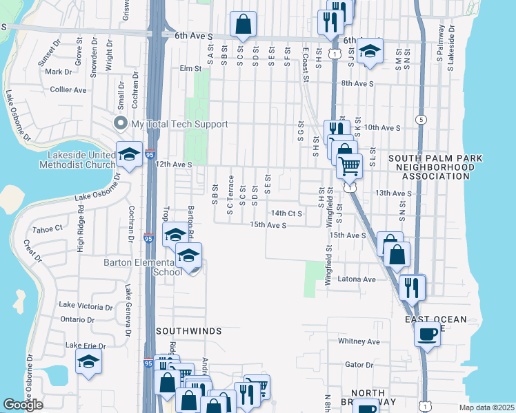 map of restaurants, bars, coffee shops, grocery stores, and more near 1408 South D Street in Lake Worth