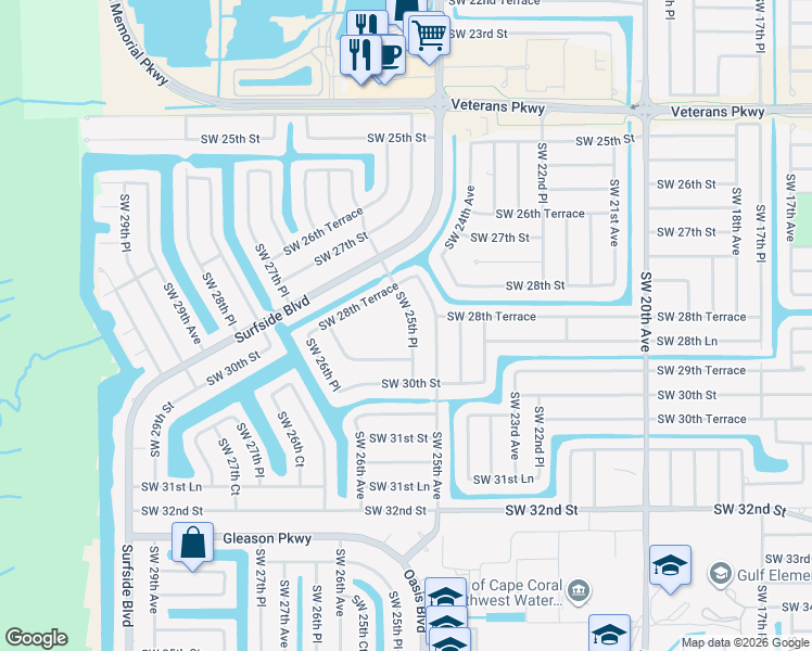 map of restaurants, bars, coffee shops, grocery stores, and more near 2842 Southwest 25th Place in Cape Coral