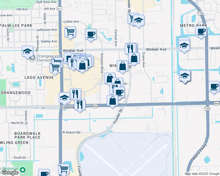 map of restaurants, bars, coffee shops, grocery stores, and more near 2366 East Mall Drive in Fort Myers
