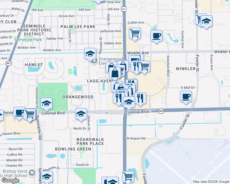 map of restaurants, bars, coffee shops, grocery stores, and more near 75 Mildred Drive in Fort Myers