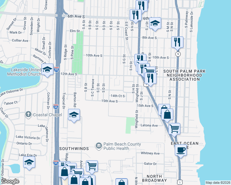 map of restaurants, bars, coffee shops, grocery stores, and more near 1205 14th Avenue South in Lake Worth