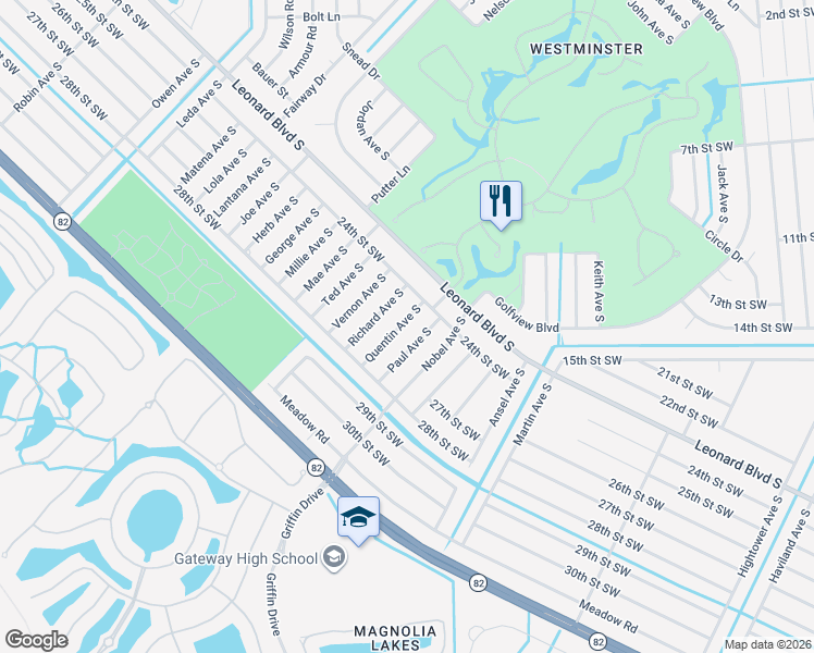 map of restaurants, bars, coffee shops, grocery stores, and more near 2413 Quentin Avenue South in Lehigh Acres