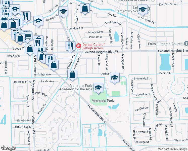 map of restaurants, bars, coffee shops, grocery stores, and more near 404 Arthur Avenue in Lehigh Acres