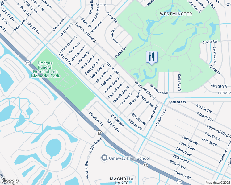 map of restaurants, bars, coffee shops, grocery stores, and more near 2427 Richard Avenue South in Lehigh Acres