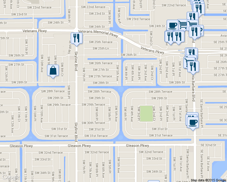 map of restaurants, bars, coffee shops, grocery stores, and more near 507 Southwest 28th Terrace in Cape Coral