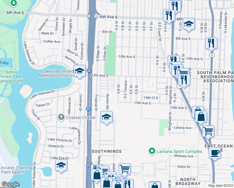 map of restaurants, bars, coffee shops, grocery stores, and more near 1405 South B Street in Lake Worth