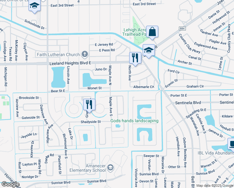 map of restaurants, bars, coffee shops, grocery stores, and more near 808 Hillside Lane in Lehigh Acres