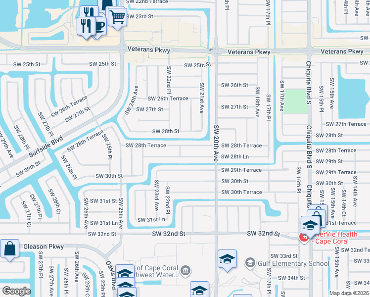 map of restaurants, bars, coffee shops, grocery stores, and more near 2118 Southwest 28th Terrace in Cape Coral
