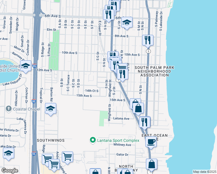 map of restaurants, bars, coffee shops, grocery stores, and more near 1314 South H Street in Lake Worth