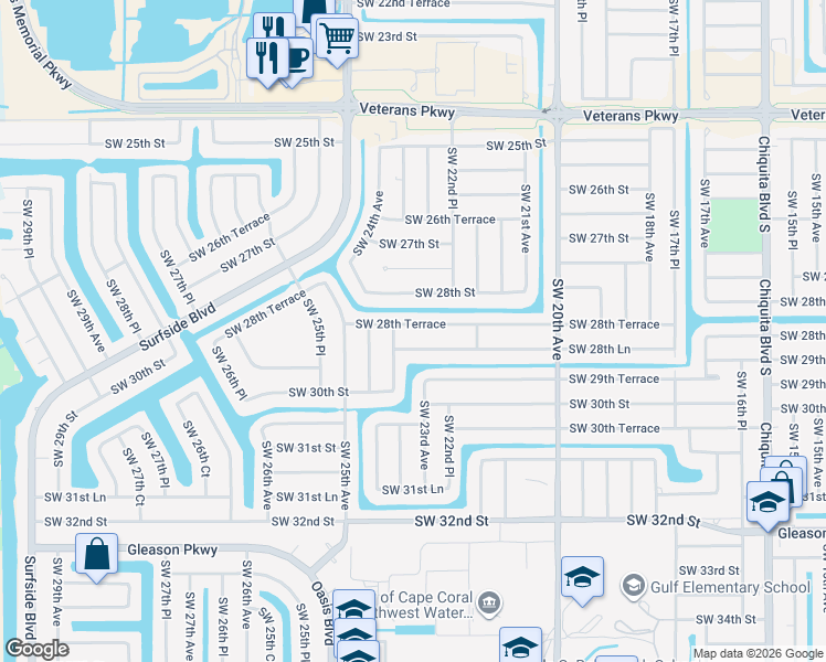 map of restaurants, bars, coffee shops, grocery stores, and more near 2828 Southwest 23rd Place in Cape Coral