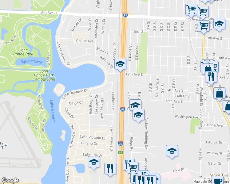 map of restaurants, bars, coffee shops, grocery stores, and more near 1414 Cochran Drive in Lake Worth