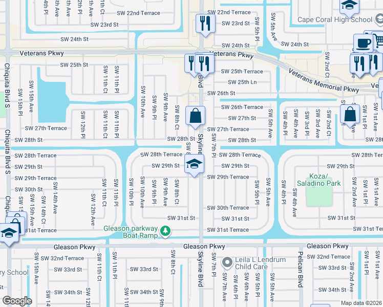 map of restaurants, bars, coffee shops, grocery stores, and more near 2817 Southwest 8th Place in Cape Coral