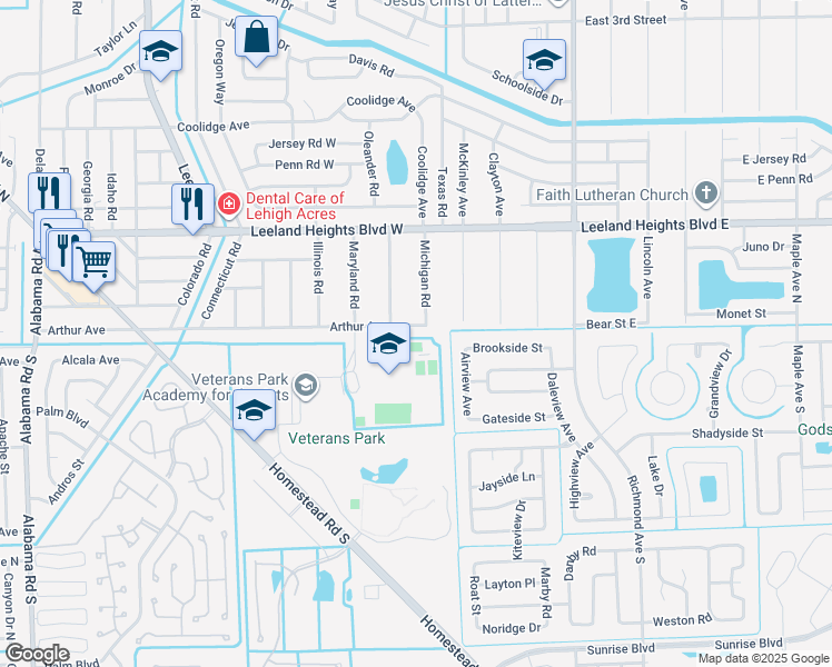 map of restaurants, bars, coffee shops, grocery stores, and more near 100 Arthur Avenue in Lehigh Acres