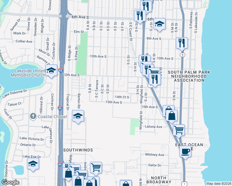 map of restaurants, bars, coffee shops, grocery stores, and more near 1217 14th Avenue South in Lake Worth