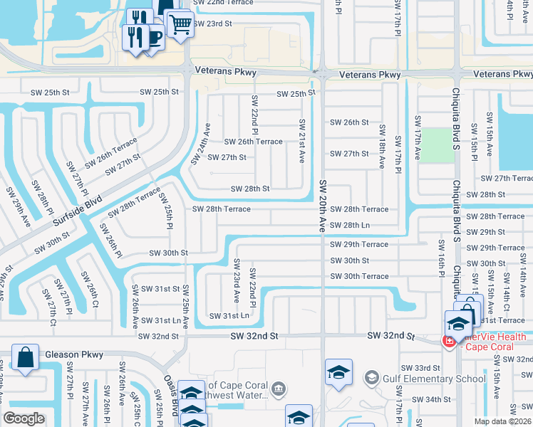 map of restaurants, bars, coffee shops, grocery stores, and more near 2118 Southwest 28th Terrace in Cape Coral