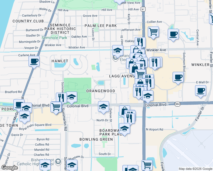 map of restaurants, bars, coffee shops, grocery stores, and more near 4329 Orangewood Ave in Fort Myers