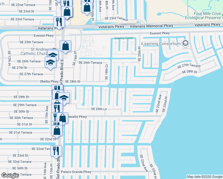 map of restaurants, bars, coffee shops, grocery stores, and more near 2801 Southeast 19th Avenue in Cape Coral