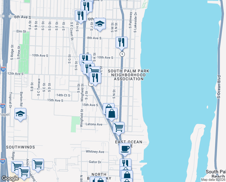 map of restaurants, bars, coffee shops, grocery stores, and more near 1315 South N Street in Lake Worth