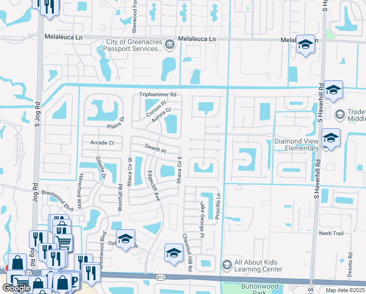map of restaurants, bars, coffee shops, grocery stores, and more near 5678 Ithaca Circle West in Greenacres