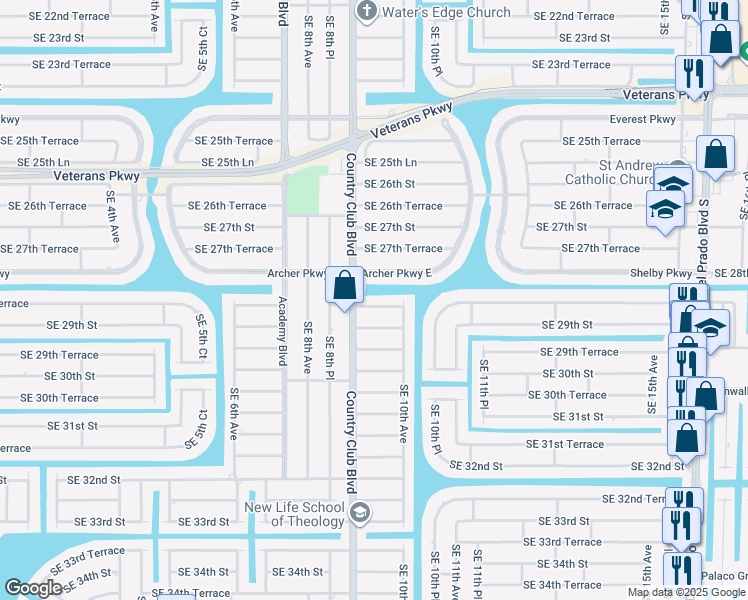 map of restaurants, bars, coffee shops, grocery stores, and more near 911 Southeast 28th Terrace in Cape Coral
