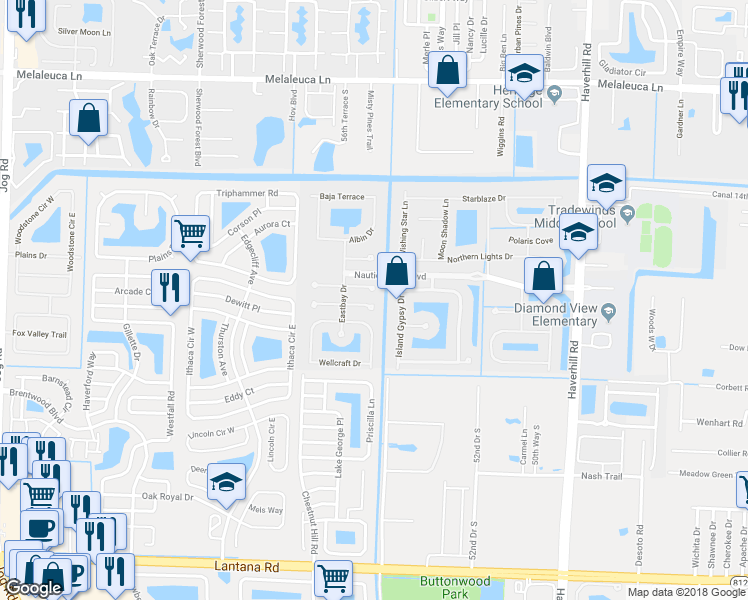 map of restaurants, bars, coffee shops, grocery stores, and more near 5403 Sunseeker Boulevard in Greenacres