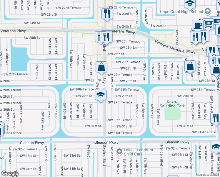 map of restaurants, bars, coffee shops, grocery stores, and more near 2818 Southwest 7th Place in Cape Coral